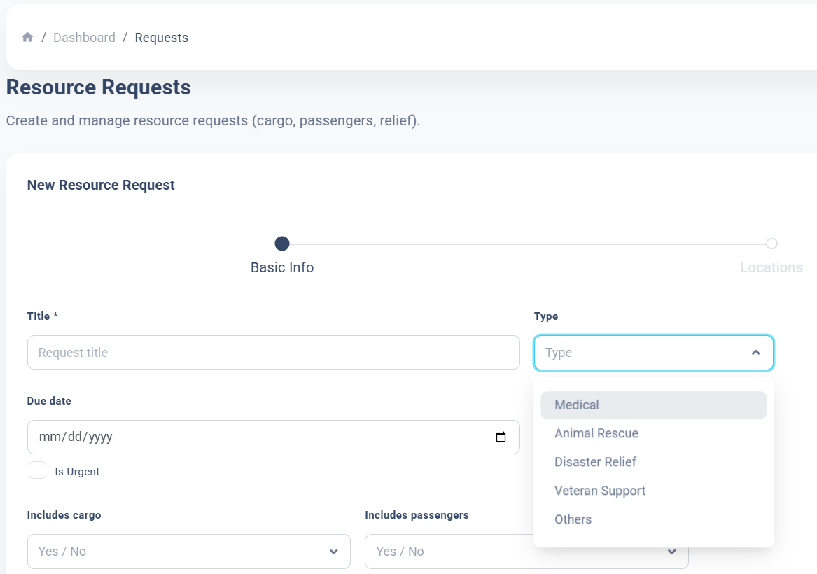 AviPair resource request form for creating a transportation request